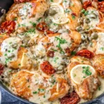 Mediterranean Chicken Skillet in a cast-iron pan with creamy lemon sauce, sun-dried tomatoes, olives, and parsley.