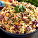 Mexican Coleslaw in a blue bowl with creamy lime dressing, shredded cabbage, corn, and cilantro, garnished with fresh herbs.