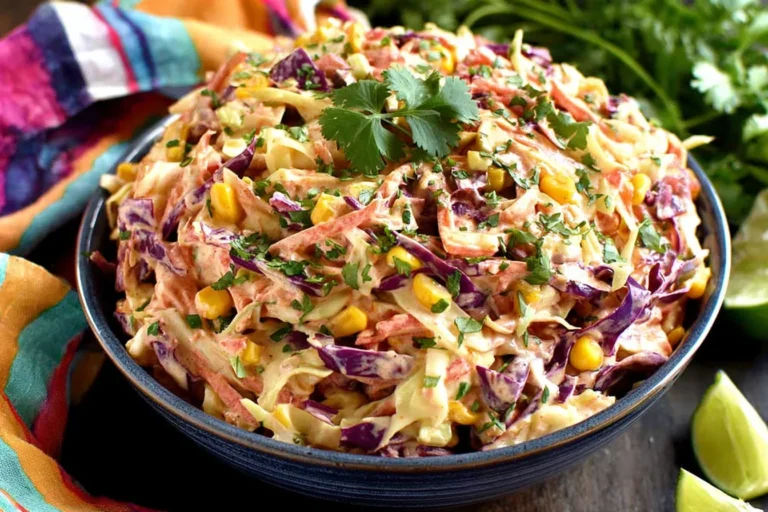Mexican Coleslaw in a blue bowl with creamy lime dressing, shredded cabbage, corn, and cilantro, garnished with fresh herbs.