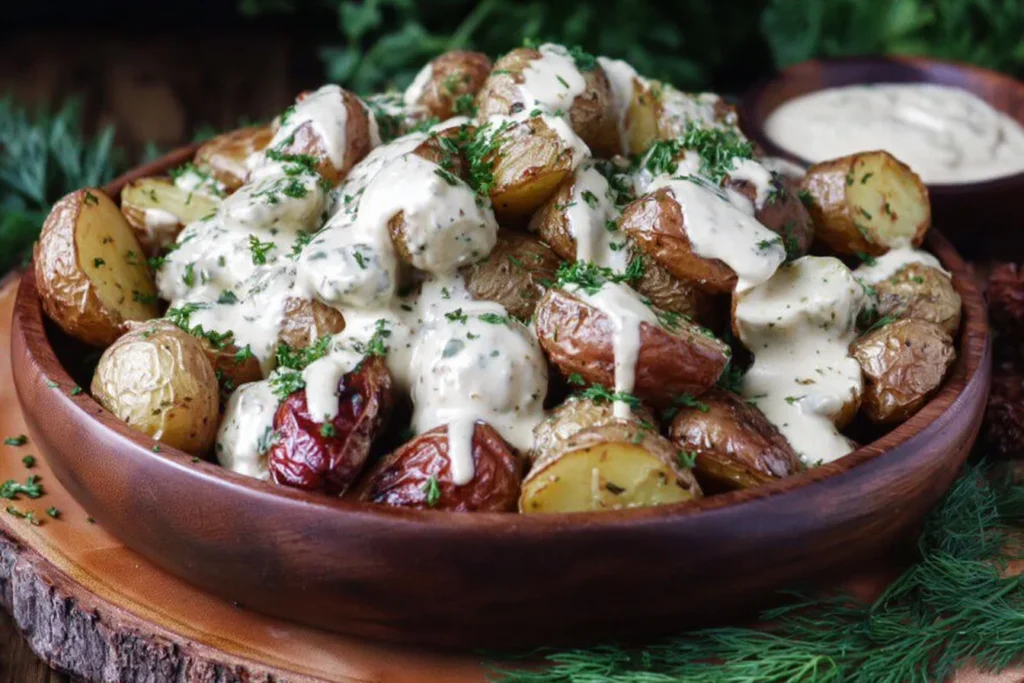 Creamy Mustard Roasted Potatoes piled in a bowl, drizzled with creamy Dijon mustard sauce and sprinkled with fresh herbs.