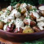 Creamy Mustard Roasted Potatoes piled in a bowl, drizzled with creamy Dijon mustard sauce and sprinkled with fresh herbs.