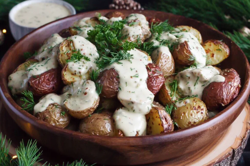 Creamy Mustard Roasted Potatoes in a wooden bowl, topped with silky mustard cream sauce and fresh dill.