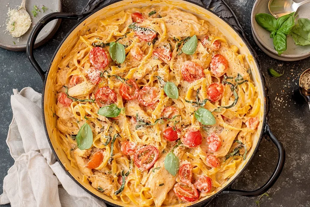 One Pot Chicken Margherita Pasta with Ricotta in a skillet with creamy tomato sauce, tender chicken, cherry tomatoes, parmesan, and fresh basil.