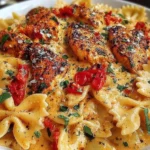 Parmesan Roasted Red Pepper Chicken Bowties in Garlic Cream served in a bowl with juicy seasoned chicken, bowtie pasta, basil, and roasted peppers.