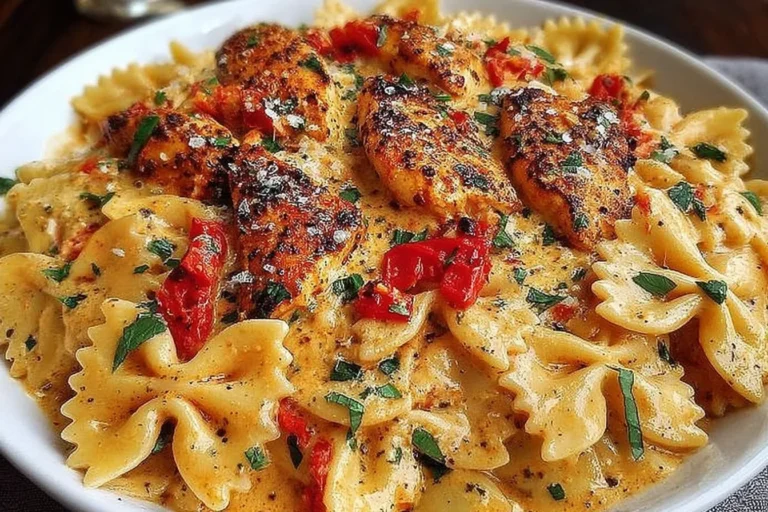 Parmesan Roasted Red Pepper Chicken Bowties in Garlic Cream served in a bowl with juicy seasoned chicken, bowtie pasta, basil, and roasted peppers.
