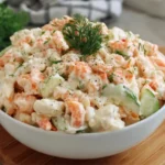 Paula Deen Crab Salad in a white bowl with creamy crab, cucumber, herbs, and black pepper on a wooden board.