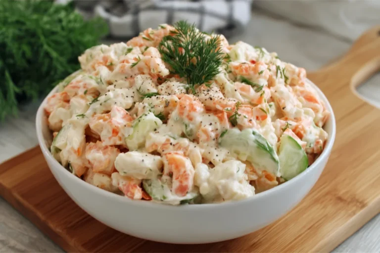Paula Deen Crab Salad in a white bowl with creamy crab, cucumber, herbs, and black pepper on a wooden board.