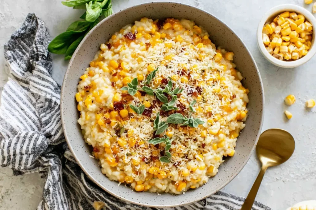 Sweet Corn Risotto in a gray bowl topped with grated parmesan, crispy pancetta, and fresh herbs on a light countertop.