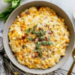 Sweet Corn Risotto in a gray bowl topped with grated parmesan, crispy pancetta, and fresh herbs on a light countertop.