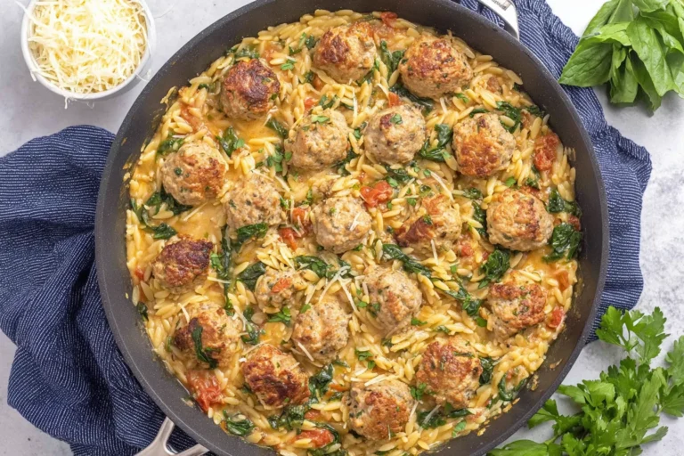 Tuscan Chicken Meatballs and Orzo in a skillet with creamy sauce, spinach, sun-dried tomatoes, and parmesan cheese