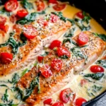 Creamy Tuscan Salmon in a skillet with creamy garlic sauce, cherry tomatoes, spinach, and basil.