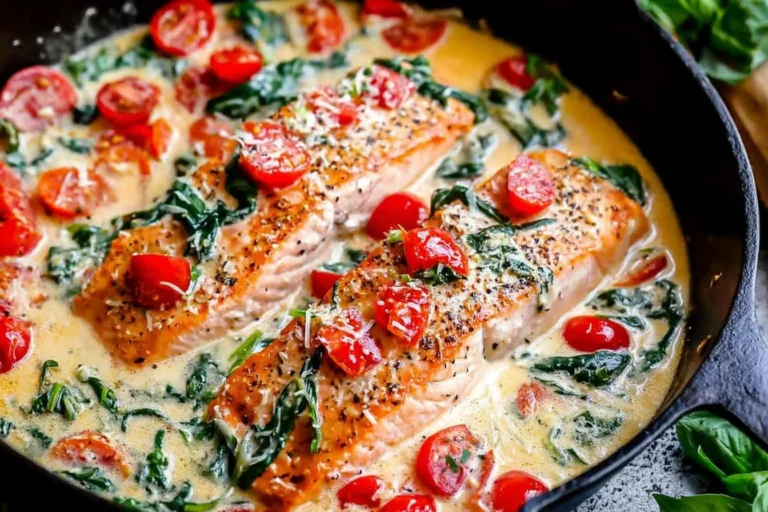 Creamy Tuscan Salmon in a skillet with creamy garlic sauce, cherry tomatoes, spinach, and basil.