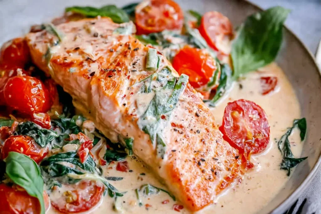 Creamy Tuscan Salmon plated with creamy garlic sauce, cherry tomatoes, wilted spinach, and fresh basil.