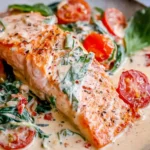 Creamy Tuscan Salmon plated with creamy garlic sauce, cherry tomatoes, wilted spinach, and fresh basil.