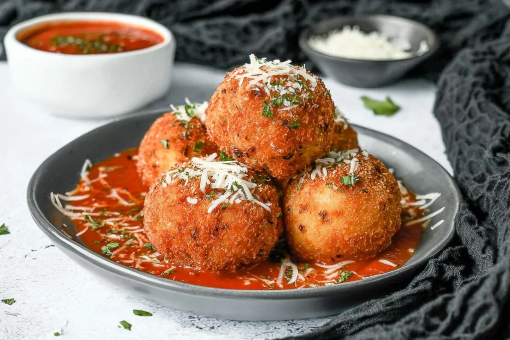 Crispy Arancini Italian Rice Balls topped with parmesan and herbs, served in rich tomato sauce with extra cheese on the side.