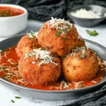 Crispy Arancini Italian Rice Balls topped with parmesan and herbs, served in rich tomato sauce with extra cheese on the side.