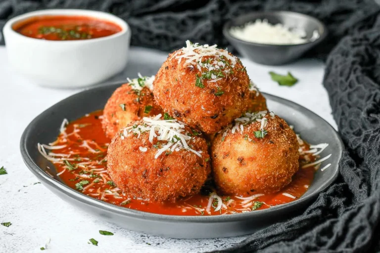 Crispy Arancini Italian Rice Balls topped with parmesan and herbs, served in rich tomato sauce with extra cheese on the side.