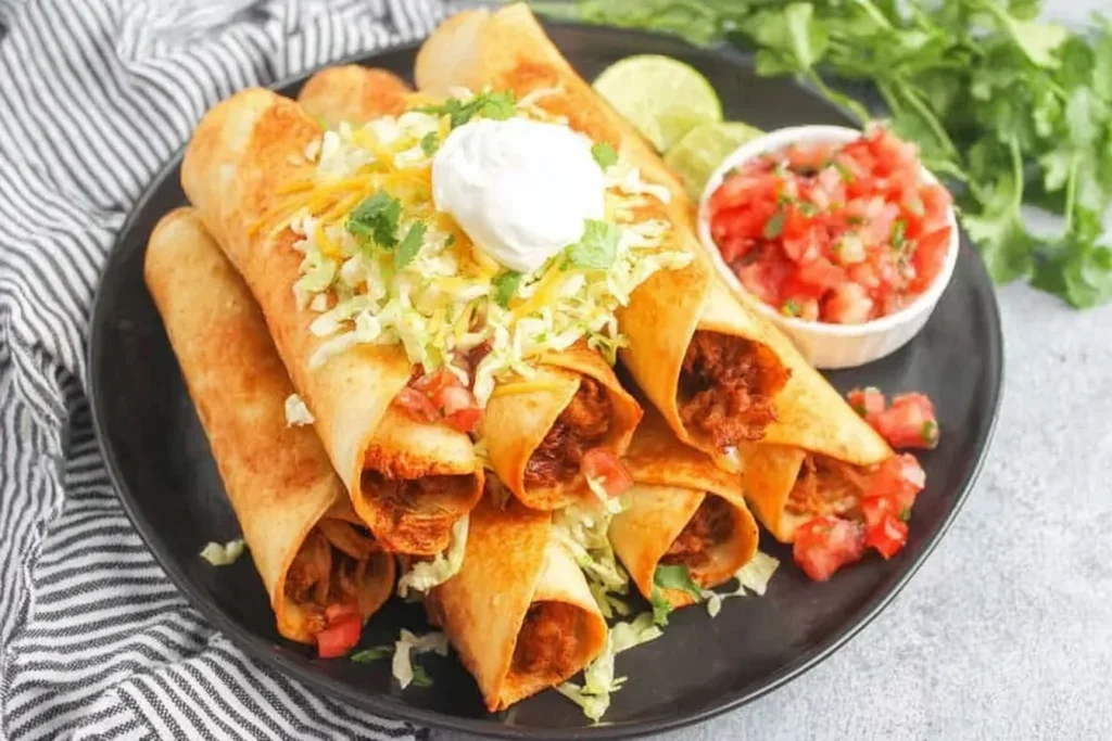 Crispy Chicken Flautas topped with shredded cheese, lettuce, pico de gallo, and sour cream on a black plate with lime wedges.