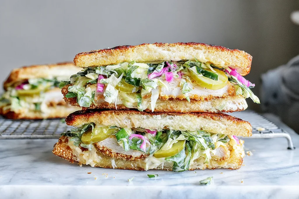 Crispy Chicken Sandwich with Pickled Slaw on toasted brioche with melty mozzarella and tangy banana pepper slaw