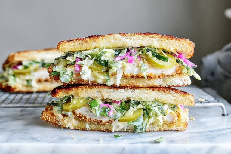 Crispy Chicken Sandwich with Pickled Slaw on toasted brioche with melty mozzarella and tangy banana pepper slaw