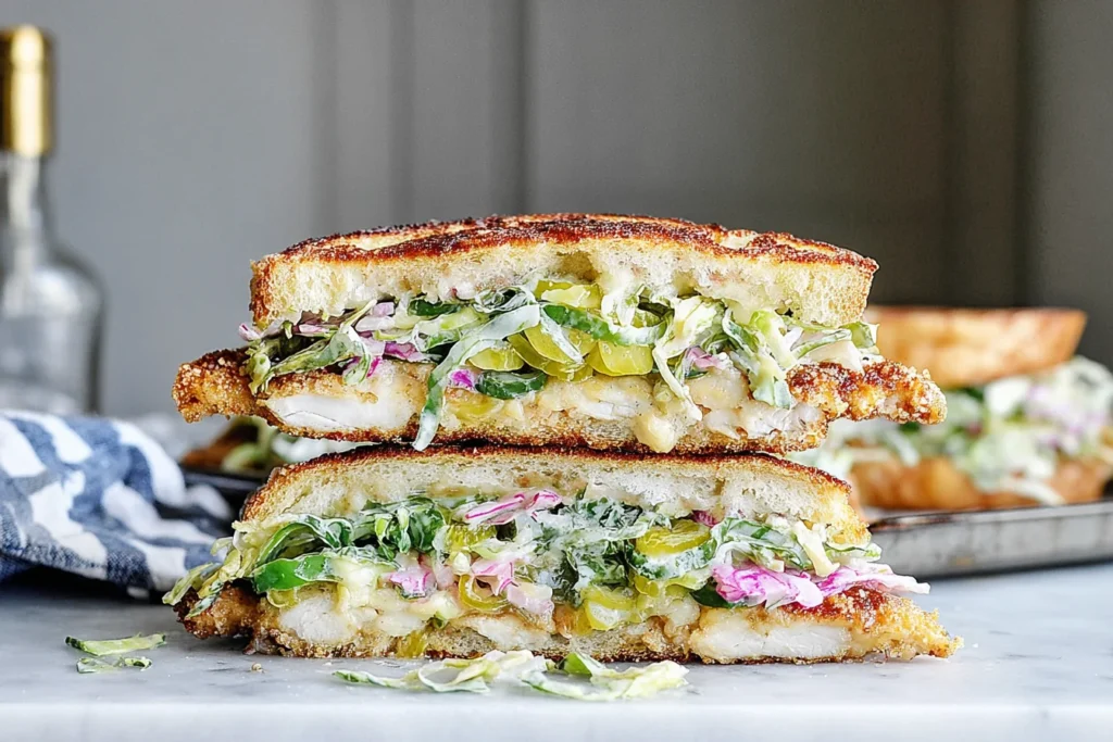 Crispy Chicken Sandwich with a Pickled Slaw stacked on toasted brioche with crispy cutlet, melted mozzarella, and tangy banana pepper slaw