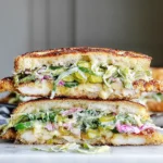 Crispy Chicken Sandwich with a Pickled Slaw stacked on toasted brioche with crispy cutlet, melted mozzarella, and tangy banana pepper slaw