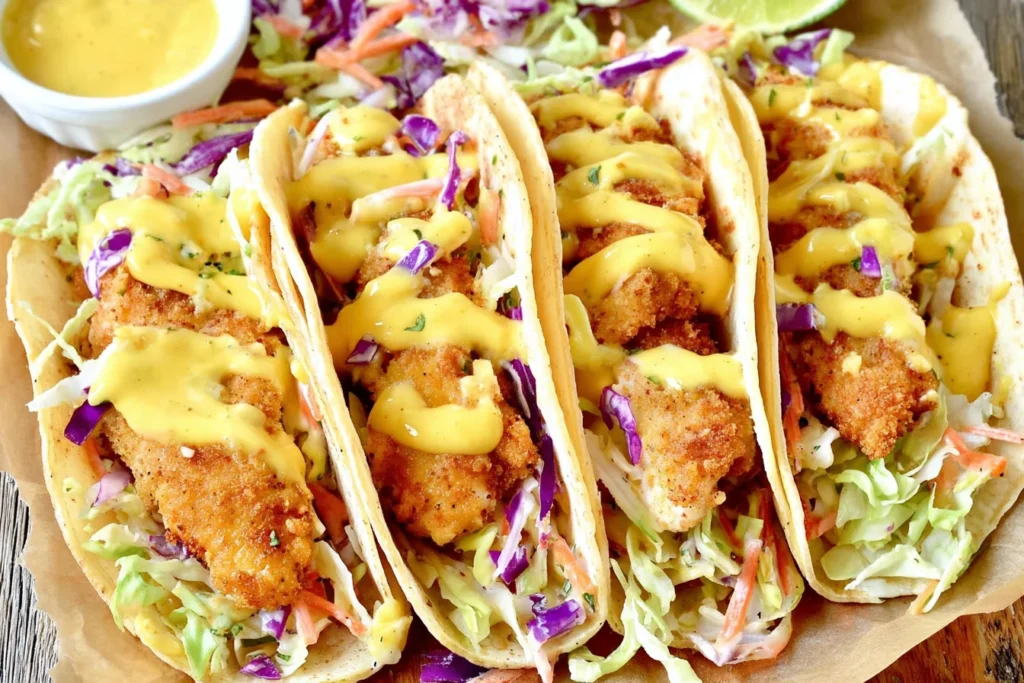 Honey Mustard Chicken Tacos loaded with crispy breaded chicken, crunchy cabbage slaw, and a rich honey mustard drizzle in warm tortillas.