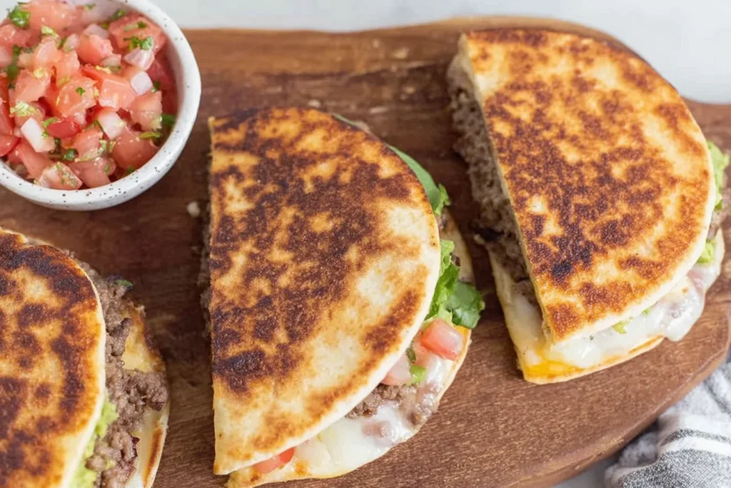 Quesadilla burger on a wooden board with crispy tortillas, melted cheese, lettuce, and pico de gallo on the side.