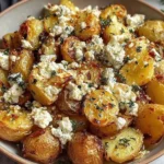 Roasted Potatoes with Baked Feta and Garlic in a bowl—crispy golden potatoes topped with creamy feta, herbs, and roasted garlic.
