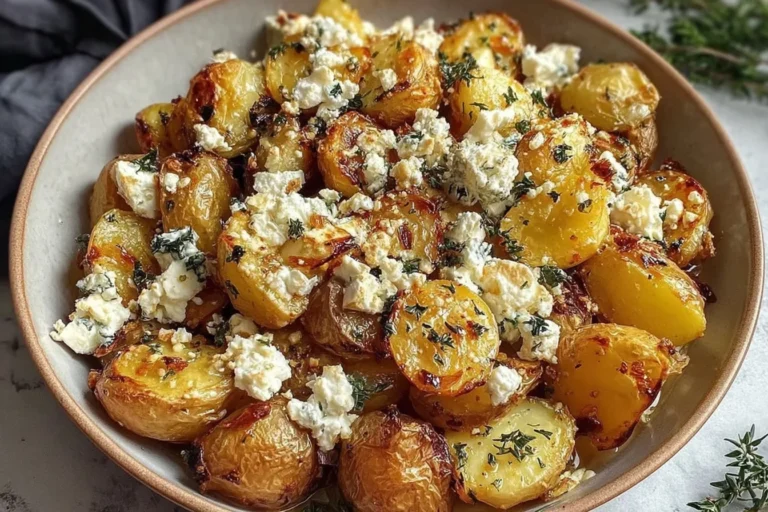 Roasted Potatoes with Baked Feta and Garlic in a bowl—crispy golden potatoes topped with creamy feta, herbs, and roasted garlic.