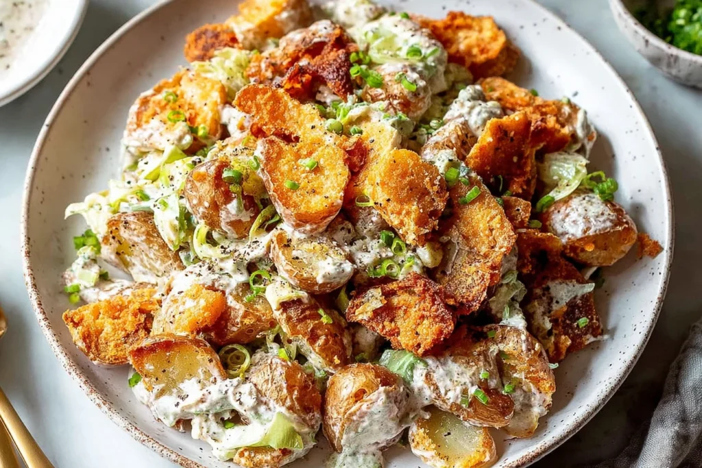 Crispy Smashed Potato Salad with golden smashed baby potatoes, creamy Greek yogurt dressing, dill pickle crunch, and scallions.