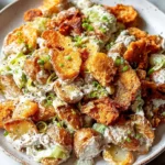 Crispy Smashed Potato Salad with golden smashed baby potatoes, creamy Greek yogurt dressing, dill pickle crunch, and scallions.
