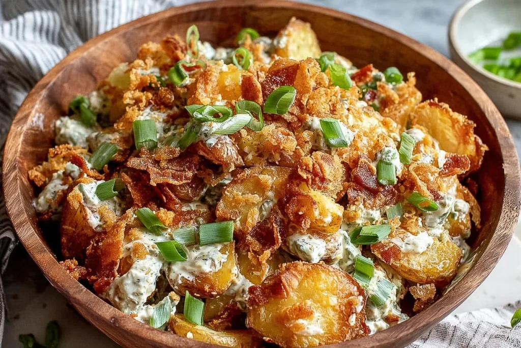 Crispy Smashed Potato Salad in a wooden bowl with golden smashed potatoes, creamy herby dressing, crispy bits, and fresh scallions.