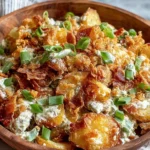 Crispy Smashed Potato Salad in a wooden bowl with golden smashed potatoes, creamy herby dressing, crispy bits, and fresh scallions.