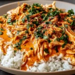 Crockpot Cajun Butter Chicken served over fluffy white rice with creamy Cajun sauce, shredded chicken, and fresh parsley.