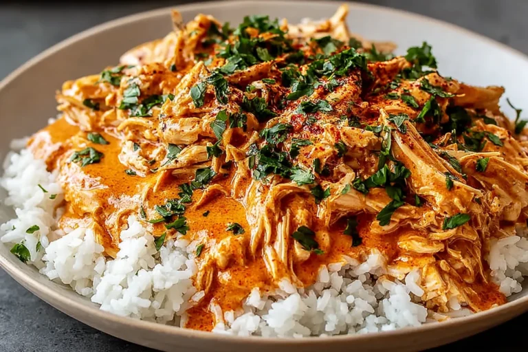 Crockpot Cajun Butter Chicken served over fluffy white rice with creamy Cajun sauce, shredded chicken, and fresh parsley.