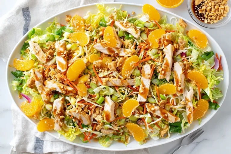 Chinese Chicken Salad with shredded cabbage, lettuce, chicken, mandarin oranges, carrots, green onions, and crunchy wonton strips