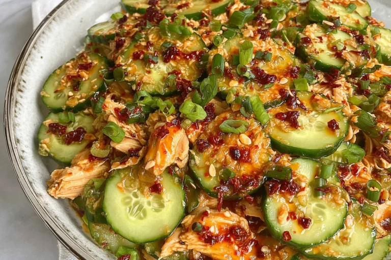 Thai Cucumber Salad with Chicken in a bowl with sliced cucumbers, shredded chicken, peanut-lime dressing, green onions, sesame seeds, and chili crisp