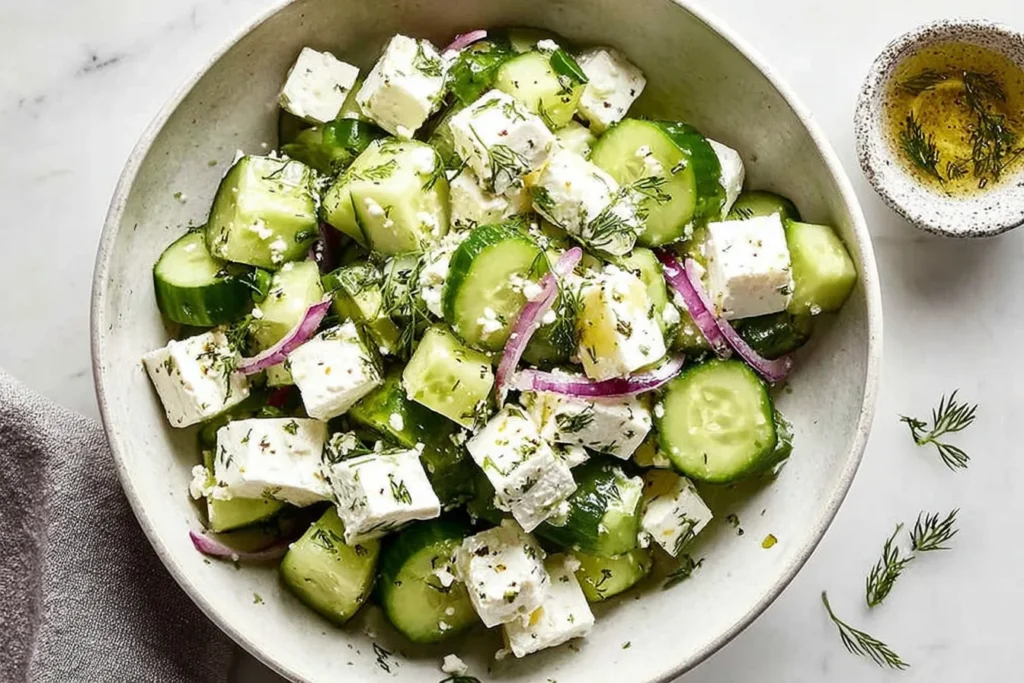 Cucumber Feta Salad with Lemon Greek Vinaigrette topped with dill, red onion, and feta cubes, served with a small bowl of lemon-olive oil dressing.