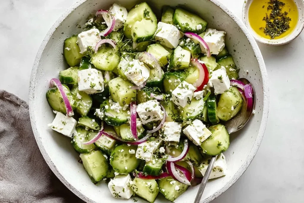Cucumber Feta Salad with Lemon Greek Vinaigrette in a bowl with diced cucumbers, feta cubes, red onion, and fresh herbs.