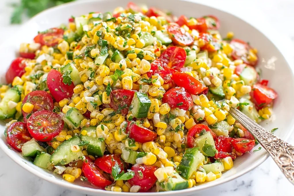 Colorful Corn Salad with fresh corn, cherry tomatoes, cucumber, red onion, cilantro, and Cotija cheese tossed in a zesty lime dressing.