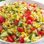 Colorful Corn Salad with fresh corn, cherry tomatoes, cucumber, red onion, cilantro, and Cotija cheese tossed in a zesty lime dressing.