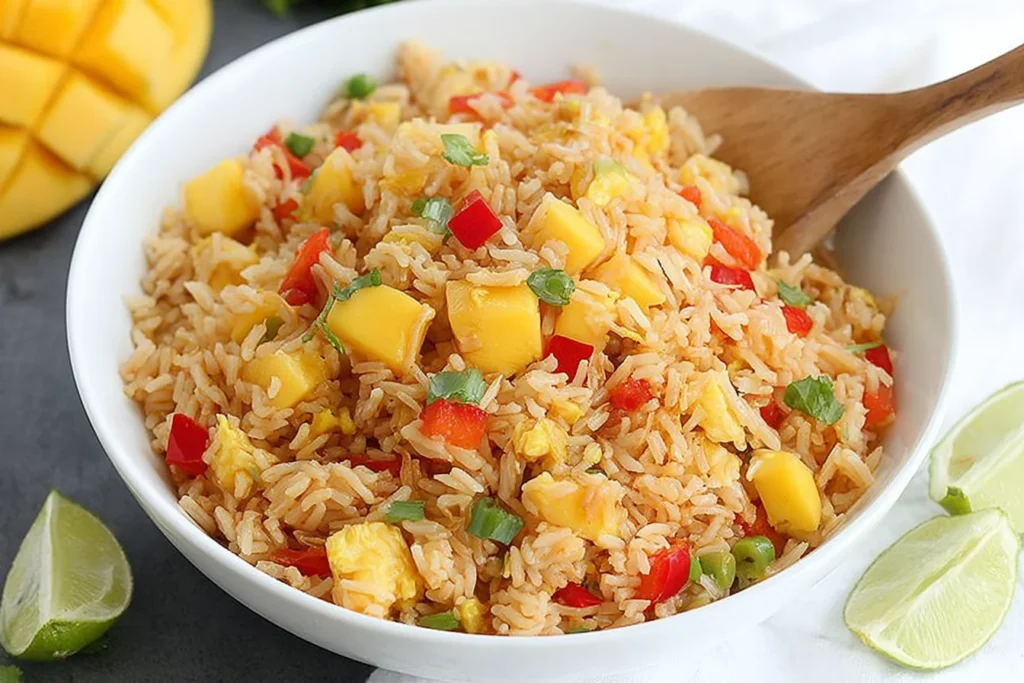 Mango Fried Rice in a white bowl with diced mango, red bell pepper, green onions, and lime wedges on the side.