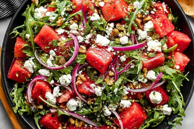 Feta Watermelon Salad with arugula, red onion, mint, and crumbled feta in a balsamic honey dressing, served in a black bowl.