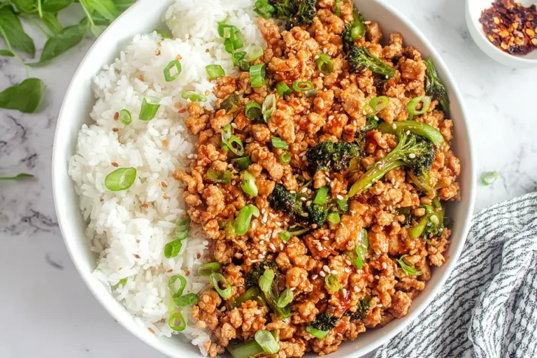 Firecracker Ground Chicken Bowl with sticky spicy-sweet ground chicken, broccoli, sesame seeds, and fluffy white rice topped with green onions.