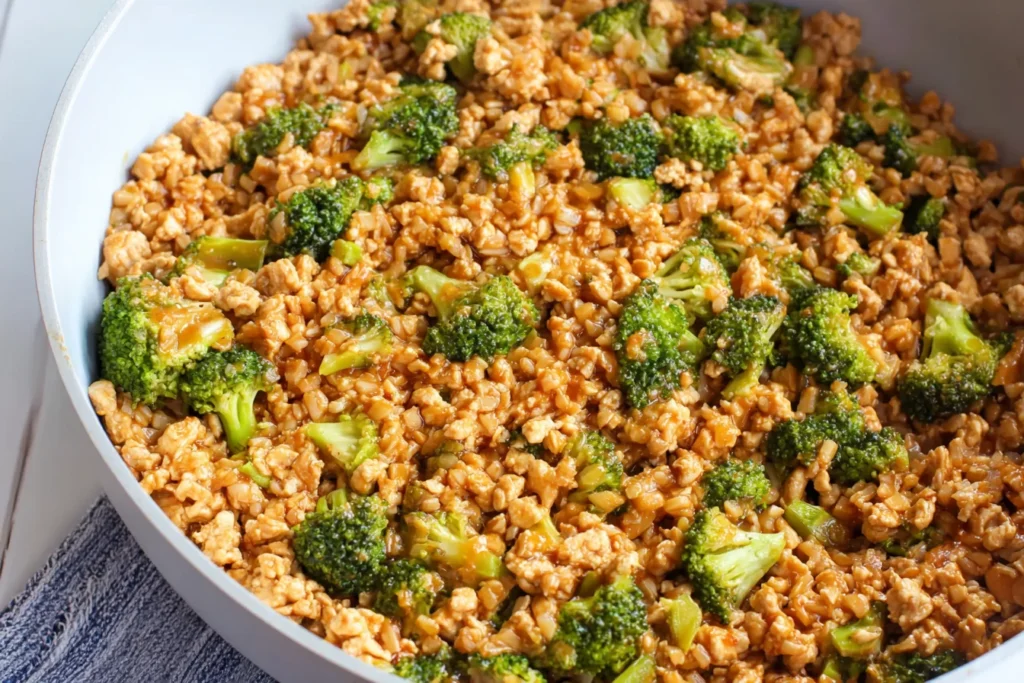 Firecracker Ground Chicken Bowl filling cooking in a skillet—spicy-sweet ground chicken and broccoli coated in glossy firecracker sauce.