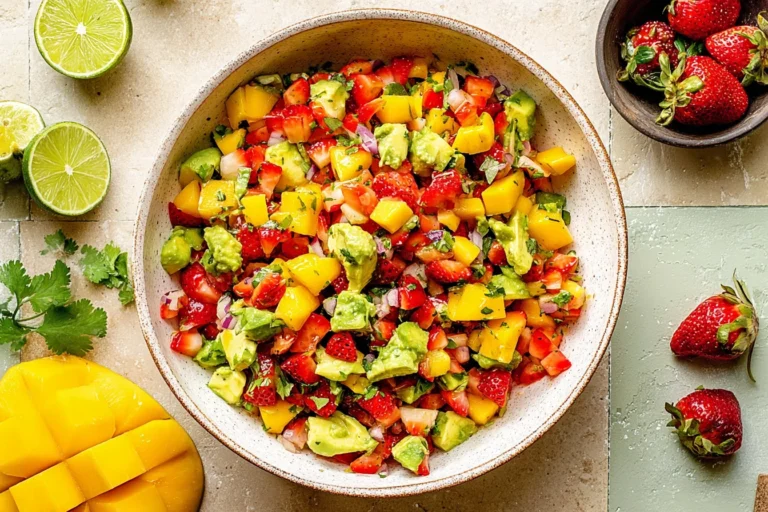 Avocado Strawberry Mango Salsa in a bowl with fresh lime, cilantro, and diced fruit—easy sweet-and-spicy summer dip.