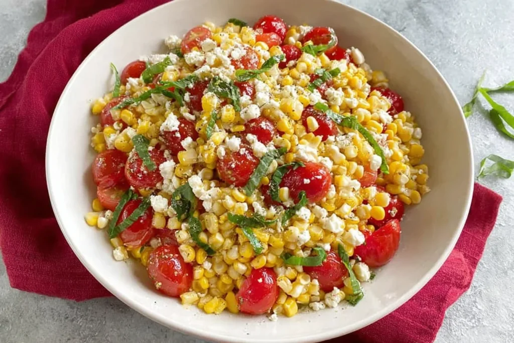 Corn Tomato and Feta Salad in a white bowl with juicy cherry tomatoes, sweet corn, fresh herbs, and crumbled feta