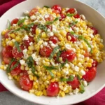Corn Tomato and Feta Salad in a white bowl with juicy cherry tomatoes, sweet corn, fresh herbs, and crumbled feta