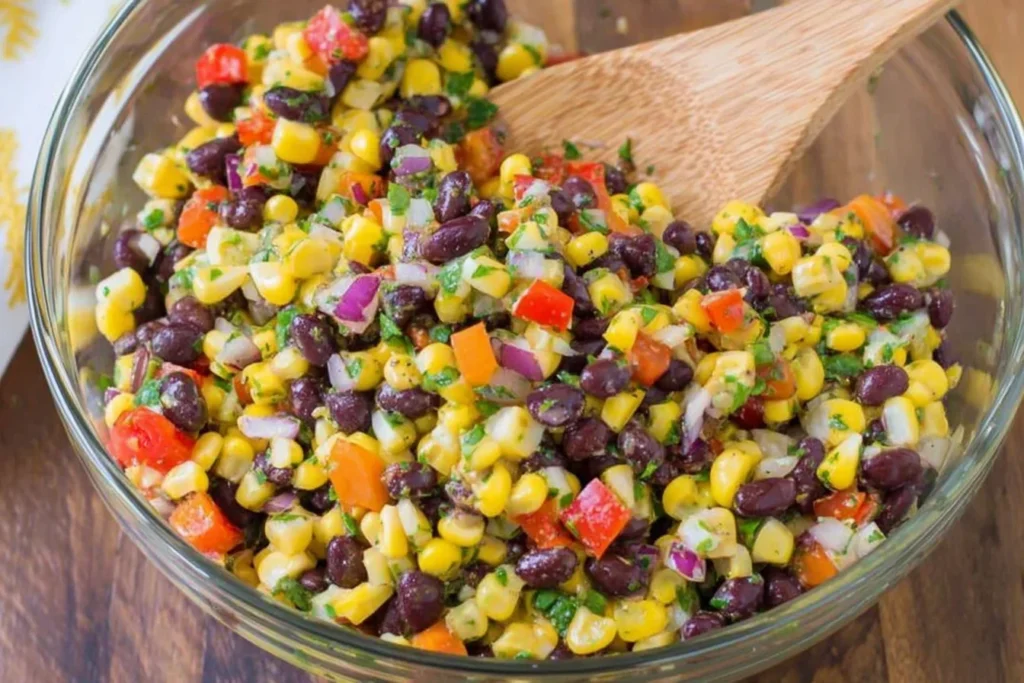 Corn and Black Bean Salad with Mexican Vinaigrette in a glass bowl, mixed with red onion, bell peppers, and cilantro, with a wooden spoon.